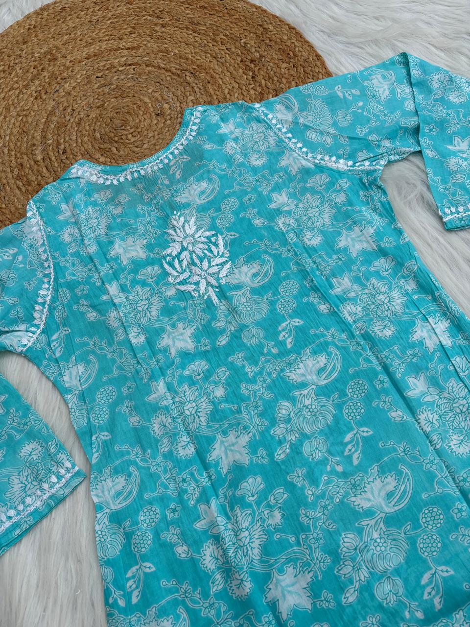 Sameera Pure Mulmul Chikankari Handwork Kurti - Blue Colour