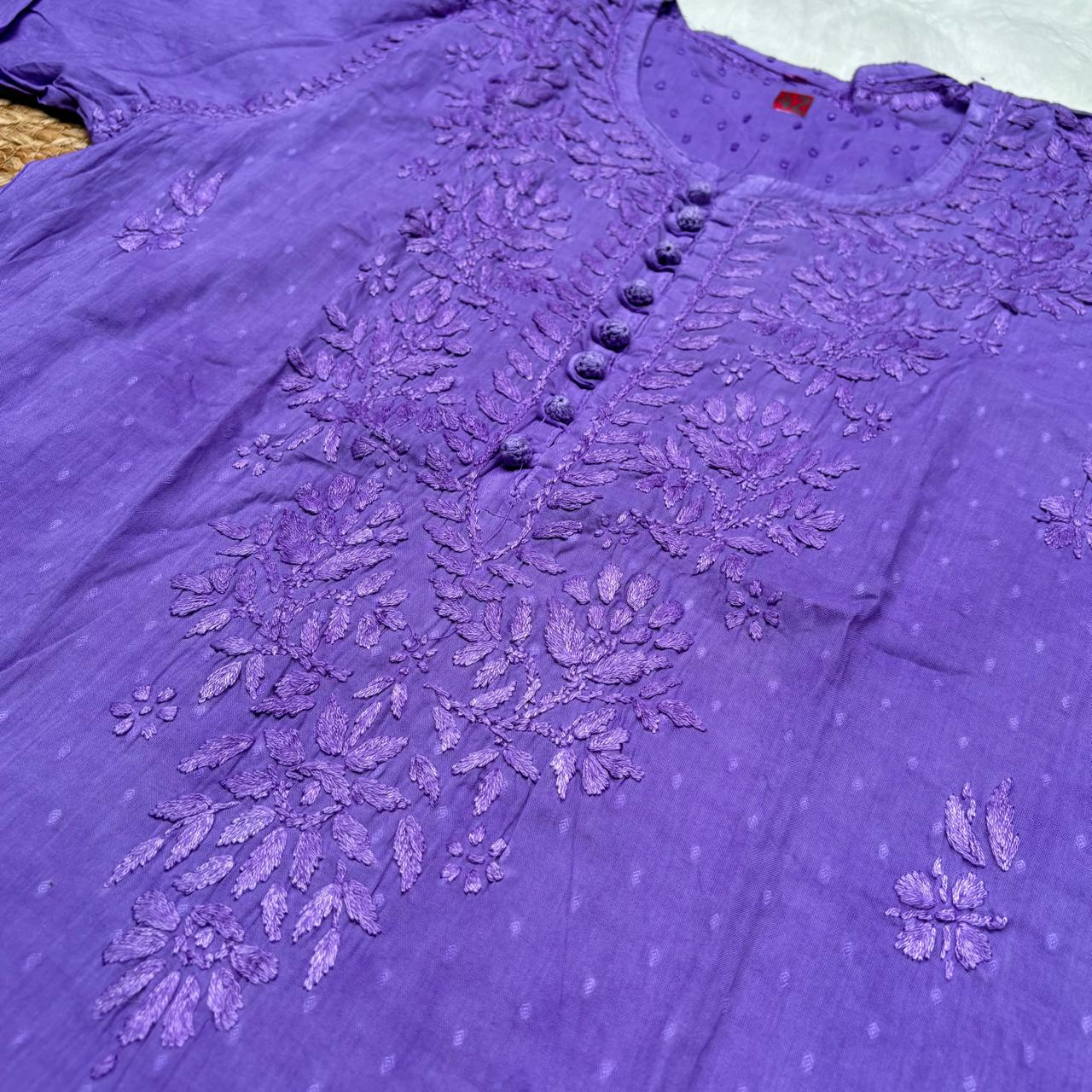 Adaah Ombre Shaded Dobby Cotton Chikankari Kurti - Purple