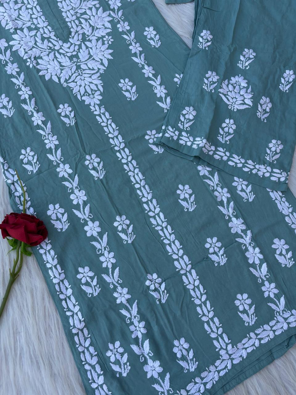 Samara Rayon Handwork Chikankari Kurti Plazo Set - Sea Green Colour