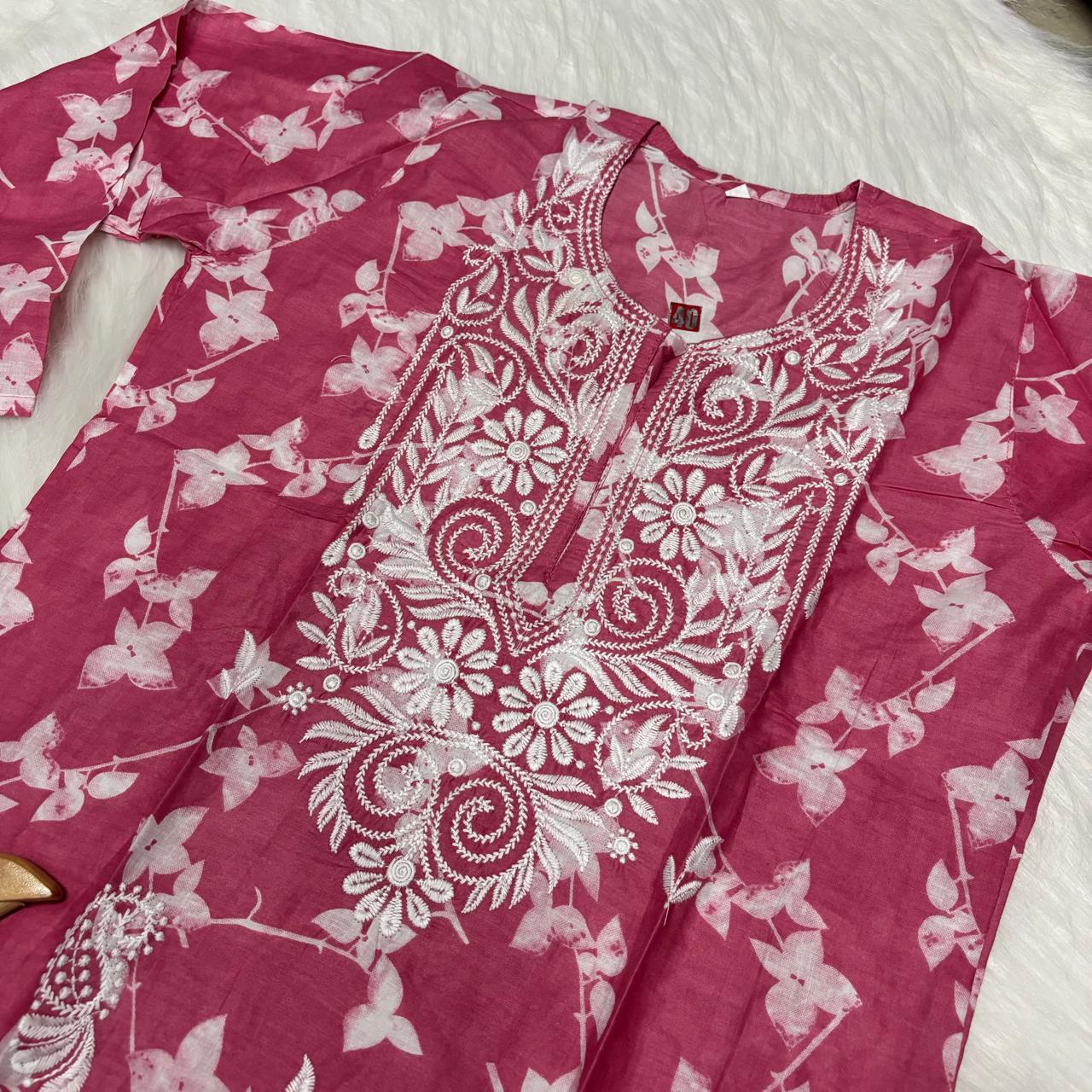 Mulmul Cotton Chikankari Machine Work Kurti - Pink Colour