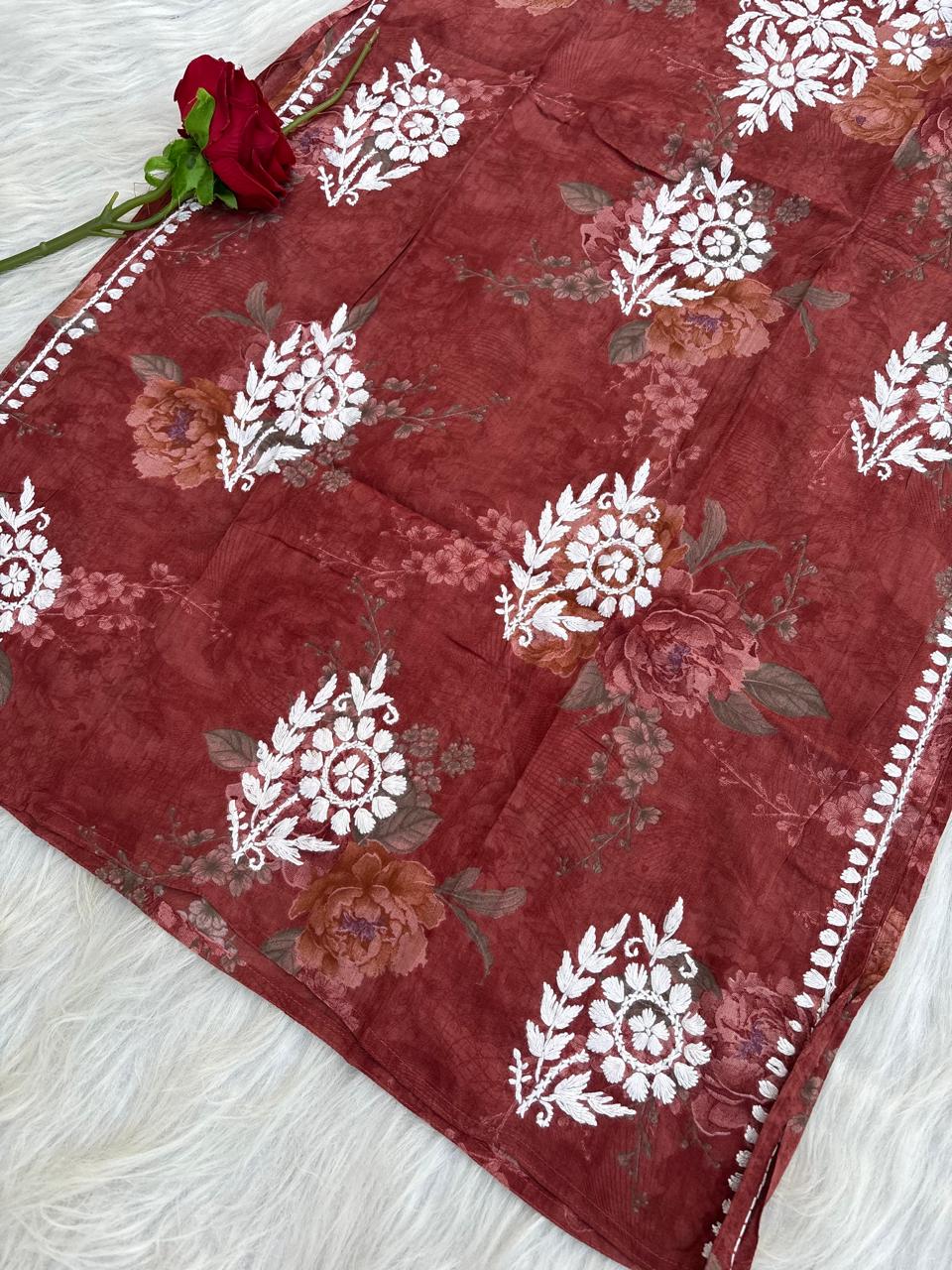 Zaina Pure Mulmul Chikankari Handwork Kurti - Brick Red Colour