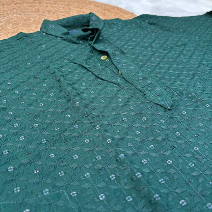 Ayaan Mens Cotton Chikankari Kurta - Dark Green colour