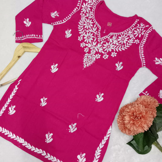 COTTON CHIKANKARI HANDWORK SHORT KURTI -RANI COLOUR