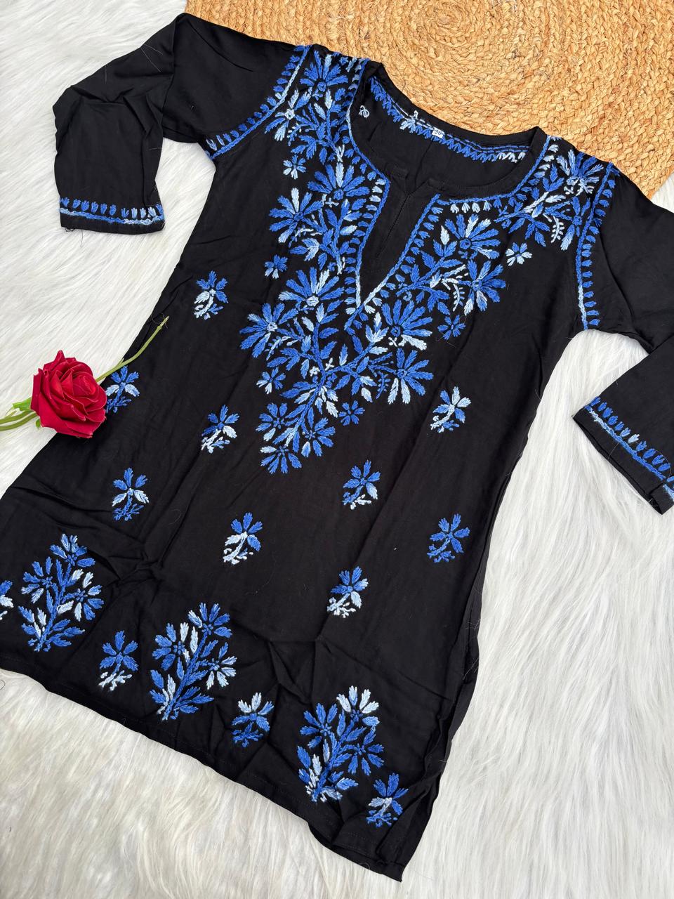 Mahek Soft Rayon Handwork Chikankari Short Kurti- Blue Colour