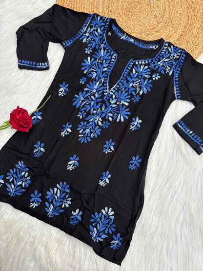 Mahek Soft Rayon Handwork Chikankari Short Kurti- Blue Colour