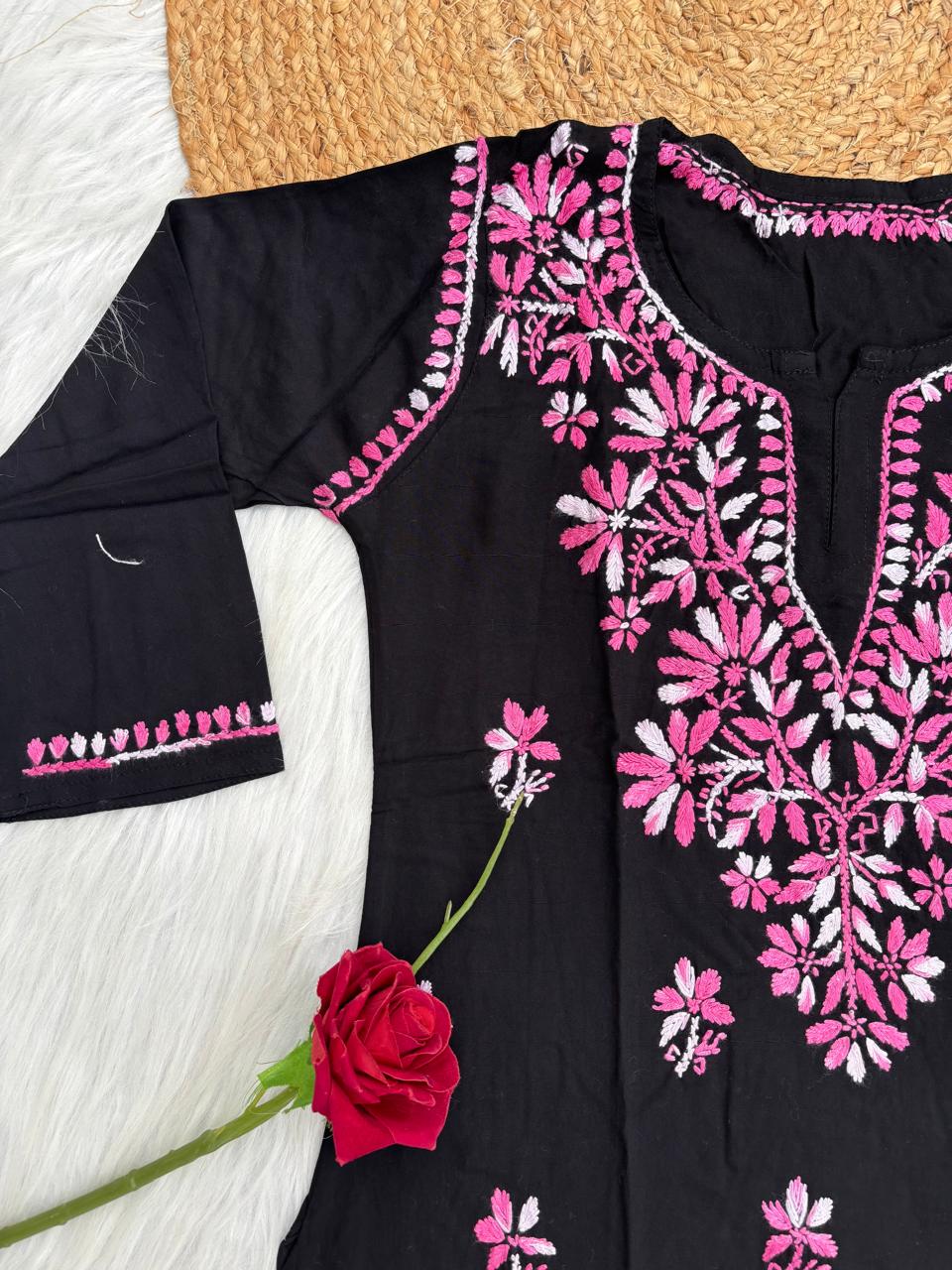 Mahek Soft Rayon Handwork Chikankari Short Kurti- Baby Pink Colour