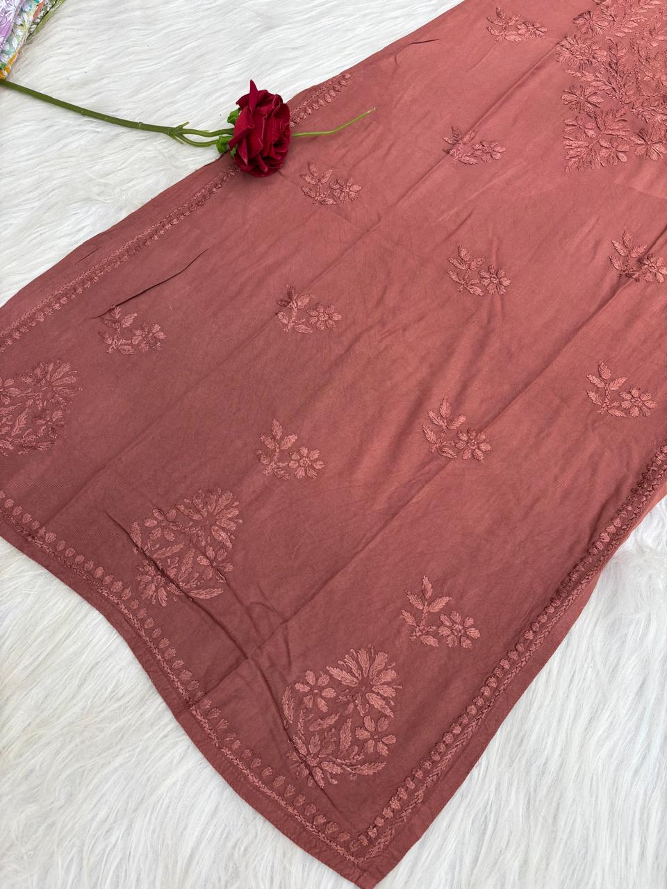 Kiara Dyeable Soft Rayon Handwork Chikankari Kurti - Brown Colour