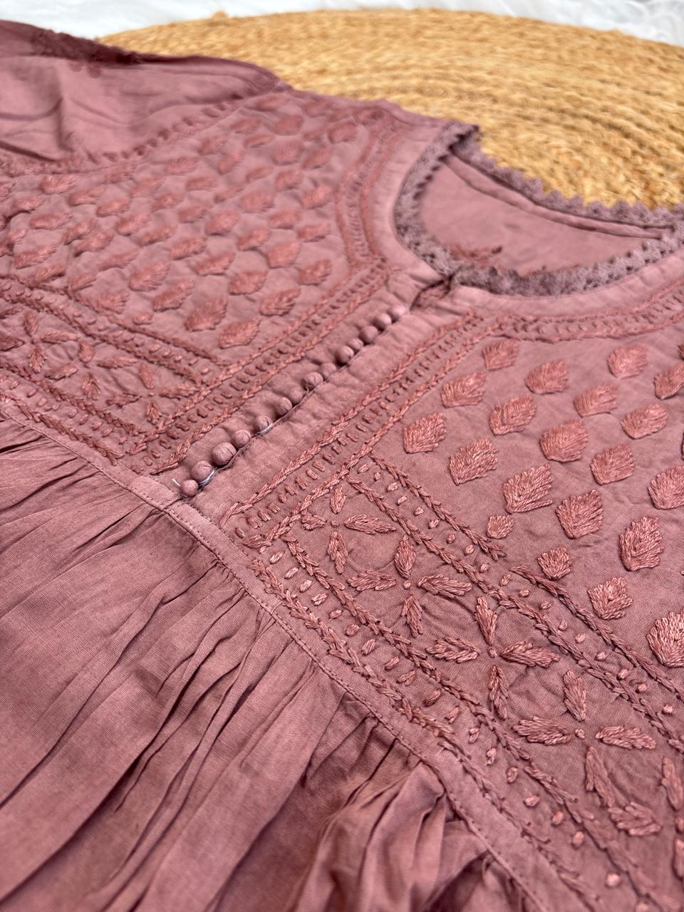 Laila Dobby Cotton Frock Style Short Kurti with Afghani Pant - Brown Color