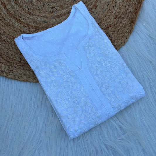 Vani Dobby Cotton Chikankari Kurti - White Colour