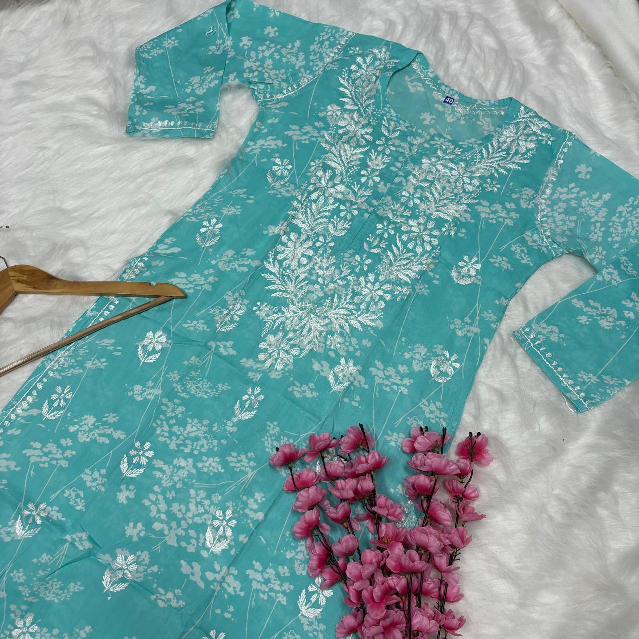 Mahira Sharma Inspired Pure Mulmul Printed Chikankari Handwork Kurti -Sea Green Colour