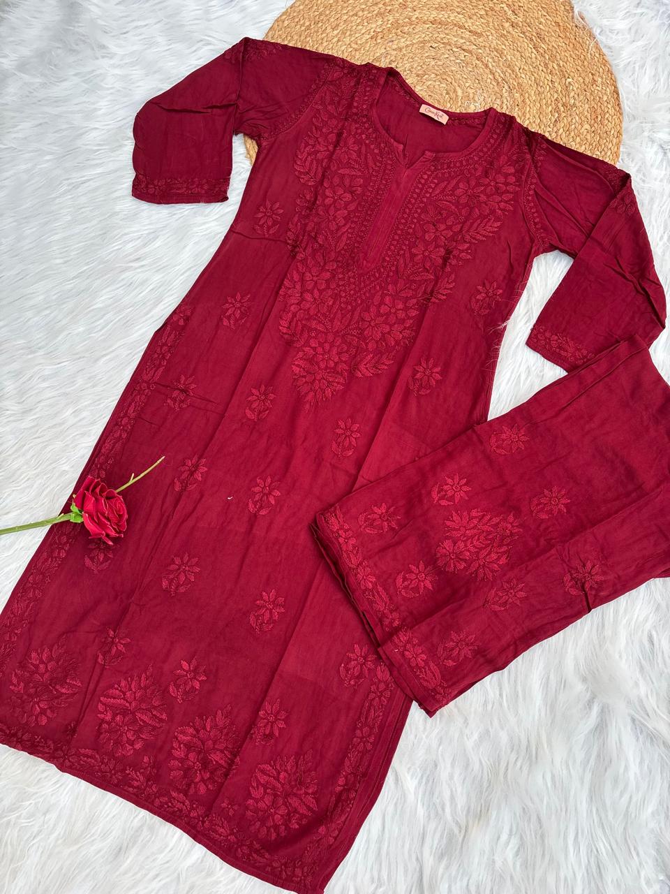 Azra Soft Rayon Dyeable Handwork Chikankari kurti Set - Brick Red Colour