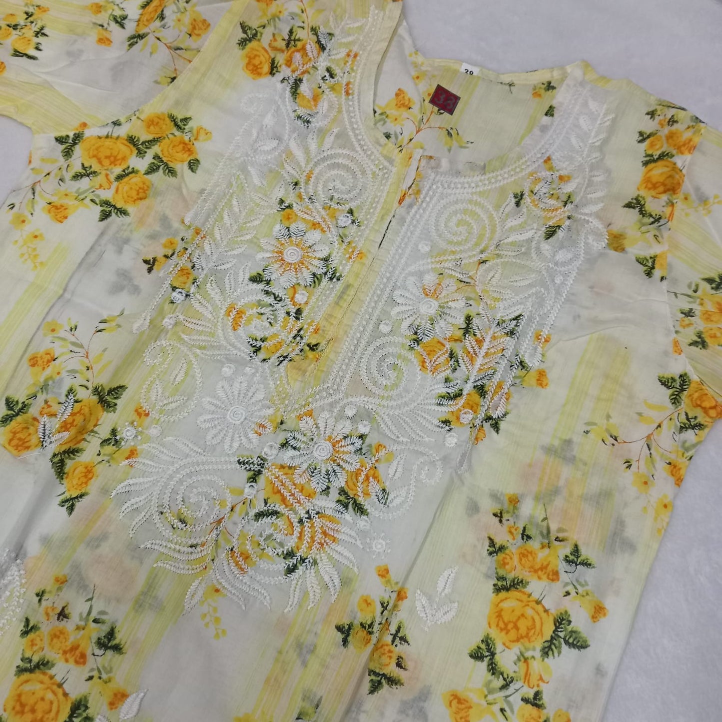 Mulmul Cotton Chikankari Machine Work Kurti -Yellow Colour