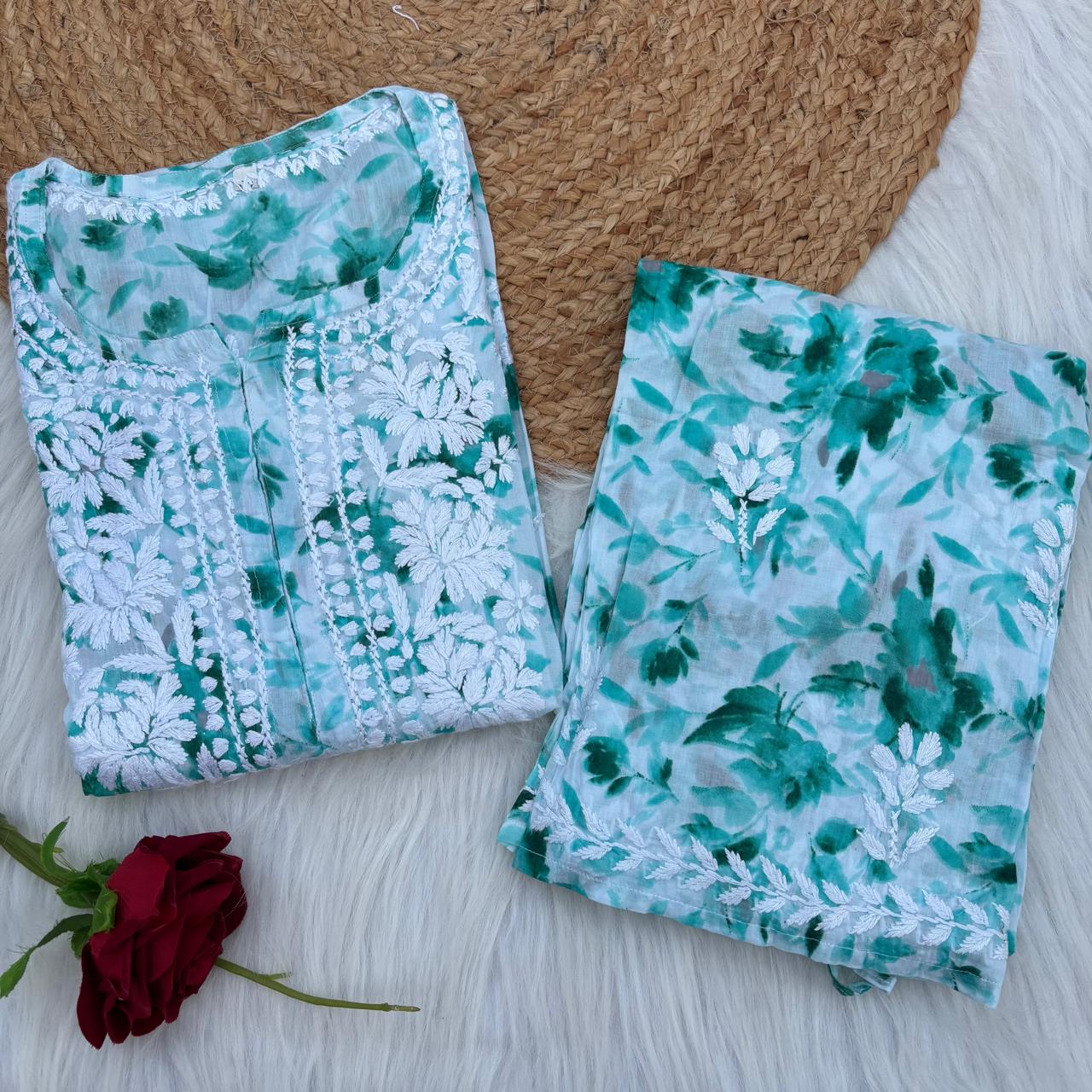 Aaliyah Mulmul Cotton Chikankari Kurti Set -Sea Green Colour