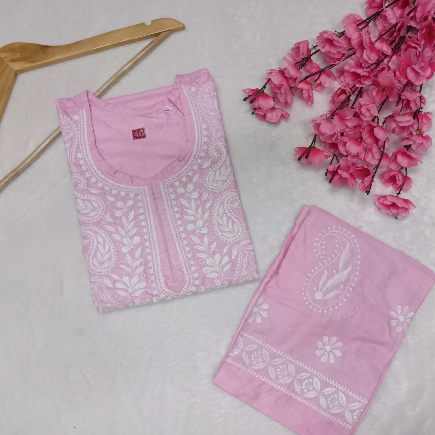 Rayon Chikankari Machine Work  Kurti Plazo Set- Baby Pink Colour