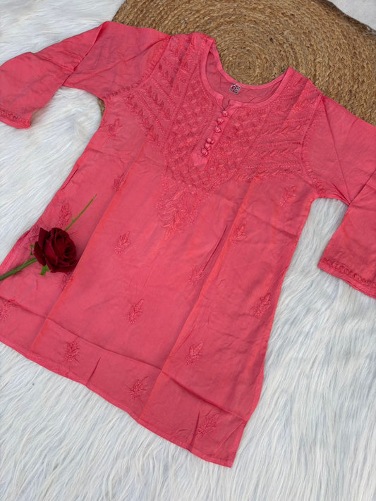 Zimal Dyeable Soft Rayon Chikankari Short Kurti - Dark Pink Colour