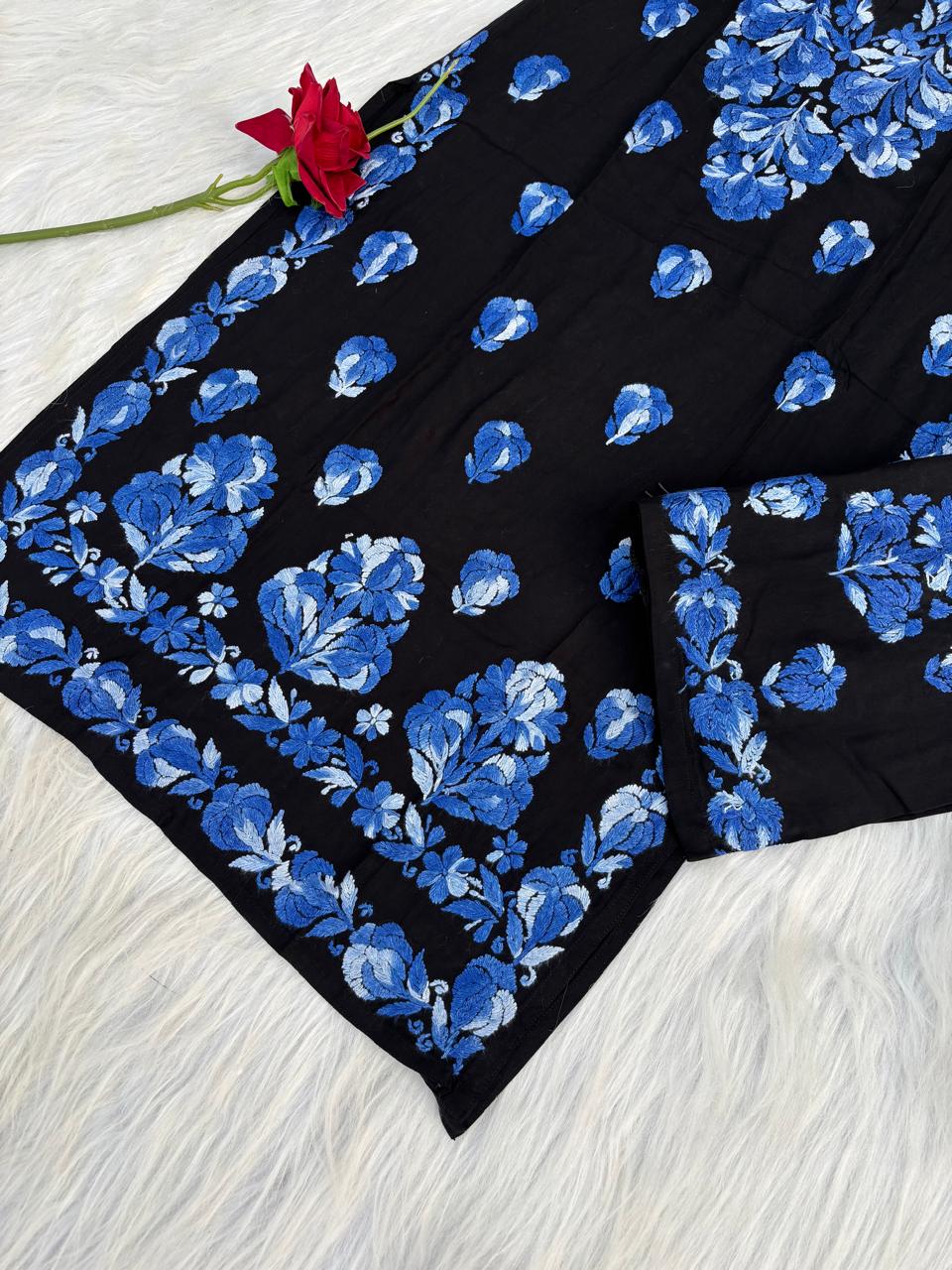 Rida Rayon Handwork Chikankari Kurti Set - Blue Colour