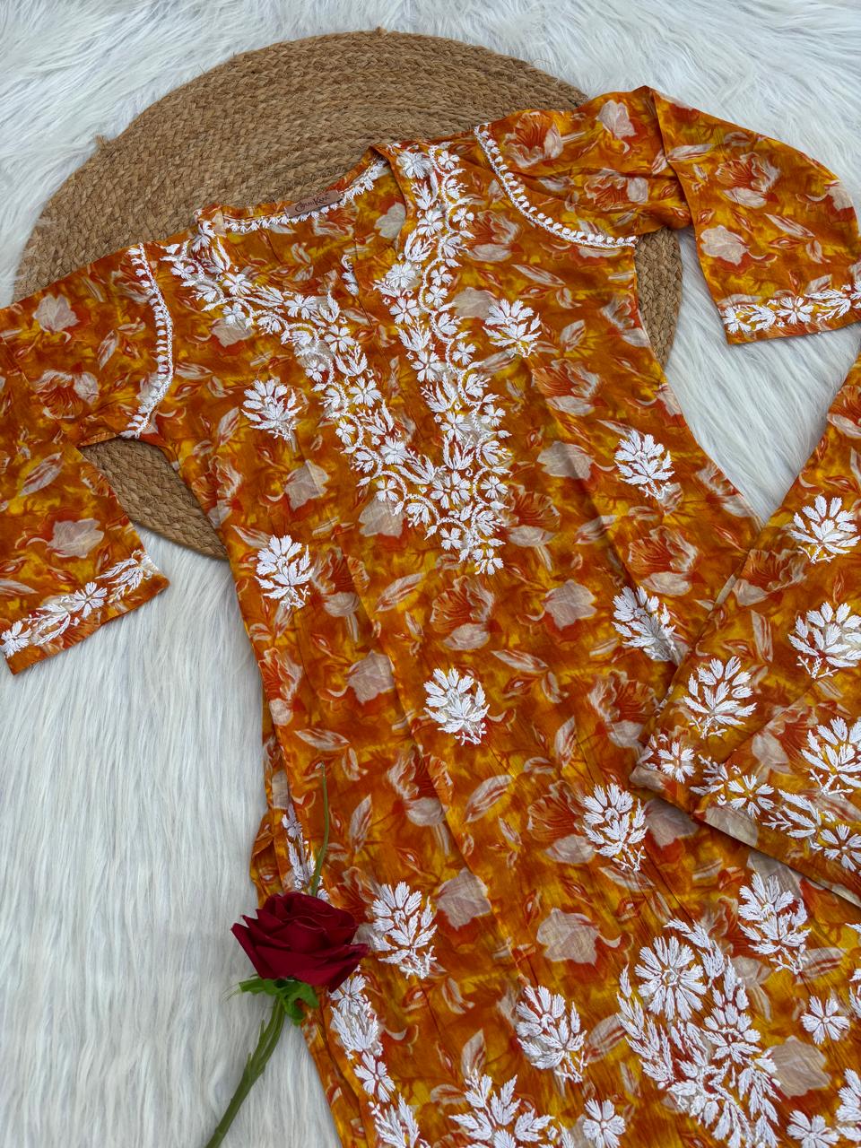 Elena Mulmul Cotton Handwork Chikankari Kurti Set - Warm Rust Colour