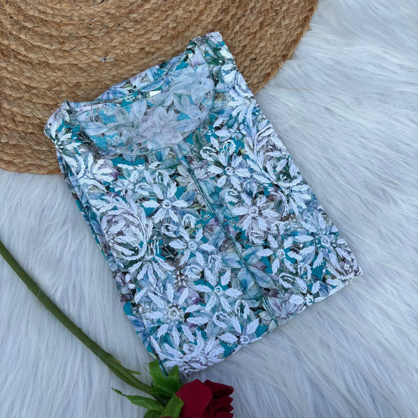 Fiza Pure Cotton Floral Lucknowi Chikankari Kurti -Blue Colour