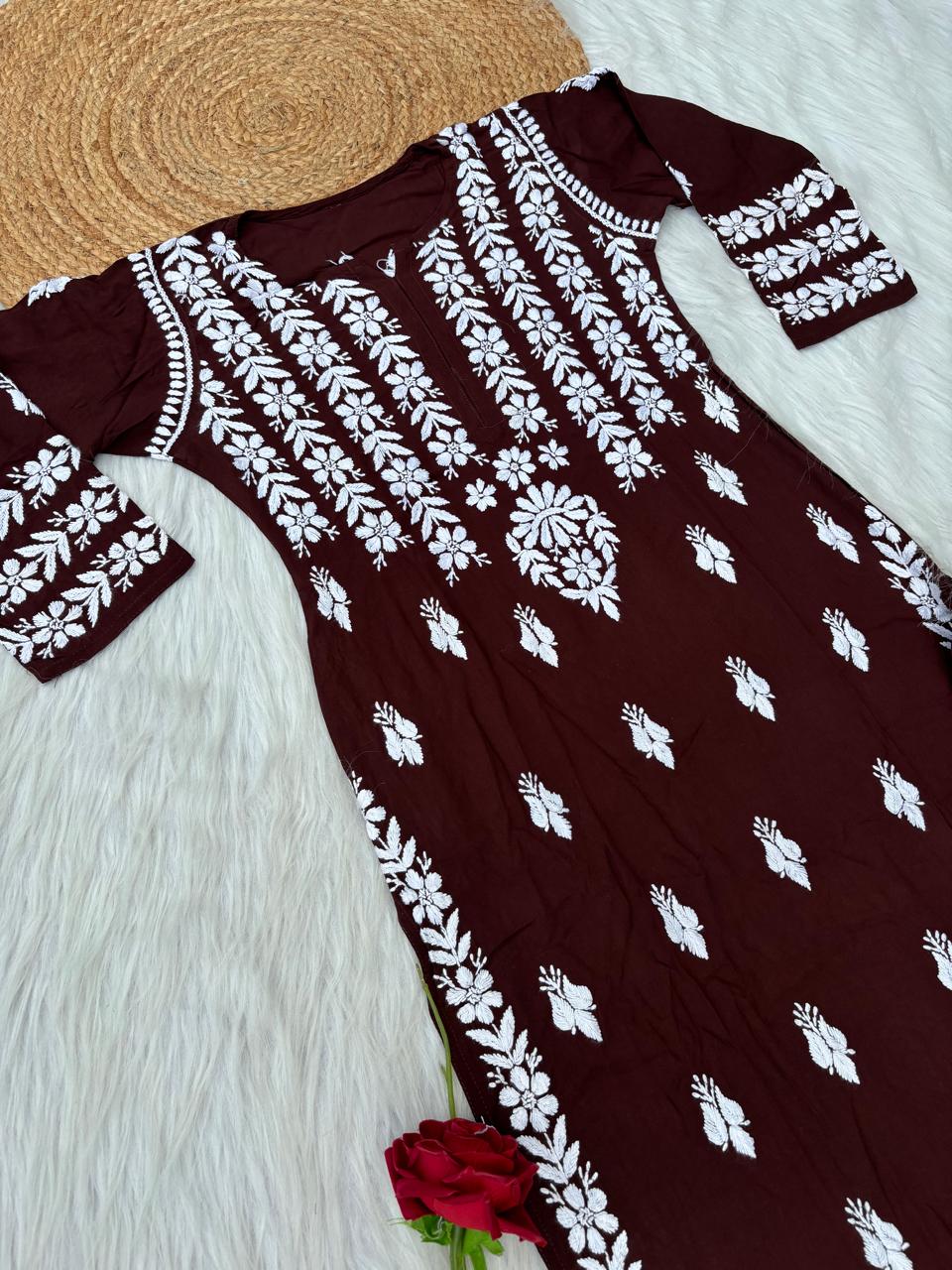 Zoobia Soft Rayon Handwork Chikankari Kurti - Brown Colour