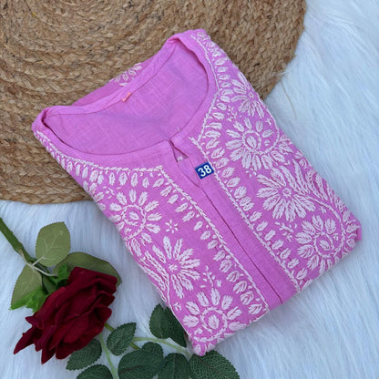 Isha Slub Cotton Chikankari Kurti -Baby Pink colour