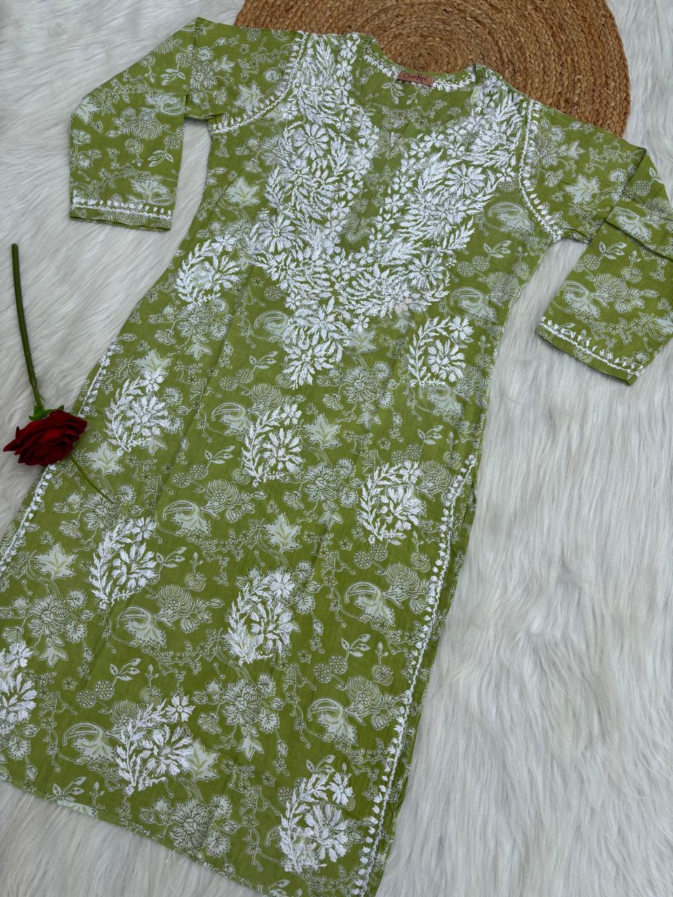 Sameera Pure Mulmul Chikankari Handwork Kurti - Green Colour
