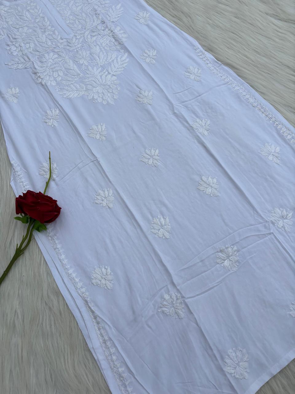 Simar Soft Rayon Handwork Chikankari Kurti- White Colour