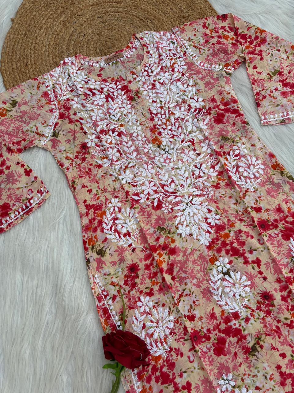 Fatima Pure Mulmul Chikankari  Handwork Kurti - Red Colour