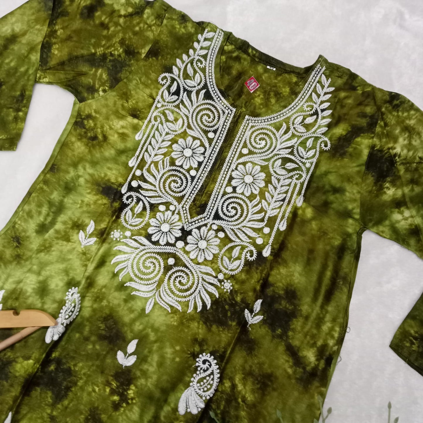 Rayon Tie & Dye Chikankari Machine Work Kurti- Parrot Green Colour