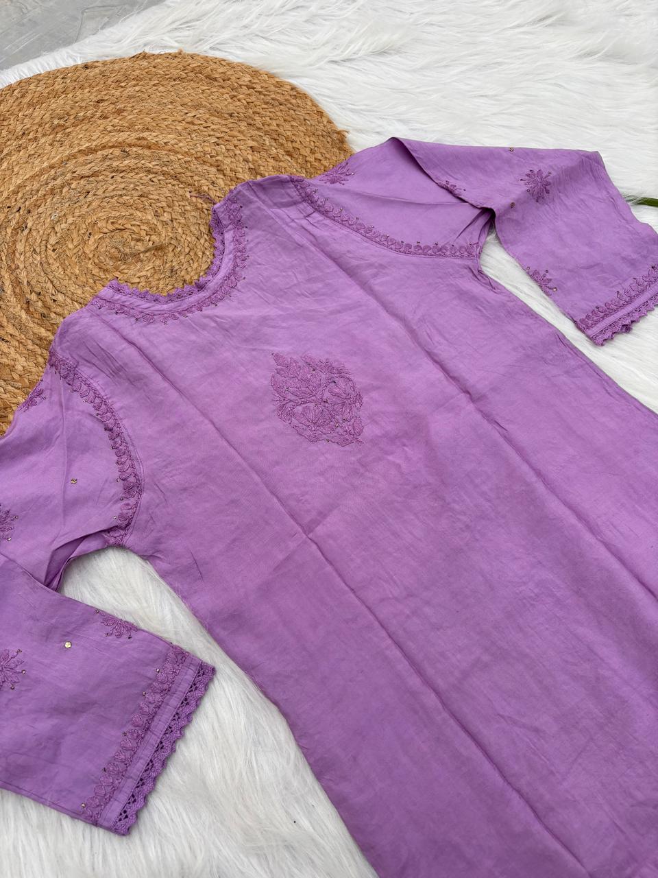 Naaz Chanderi Angrakha style Chikankari Kurti with Mukaish work - Purple Color