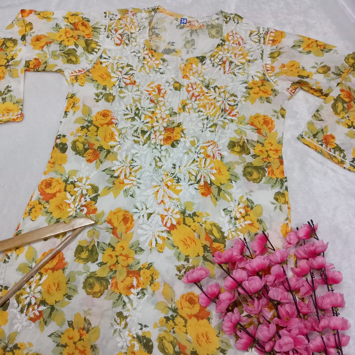 Aisha Mulmul Floral Printed Chikankari Handwork Kurti-  Yellow Colour