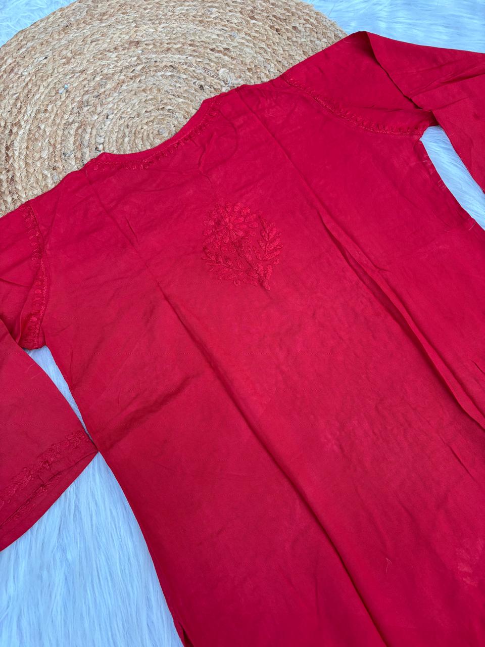 Rabab Dyeable Soft Rayon Handwork Chikankari Kurti -Red Colour
