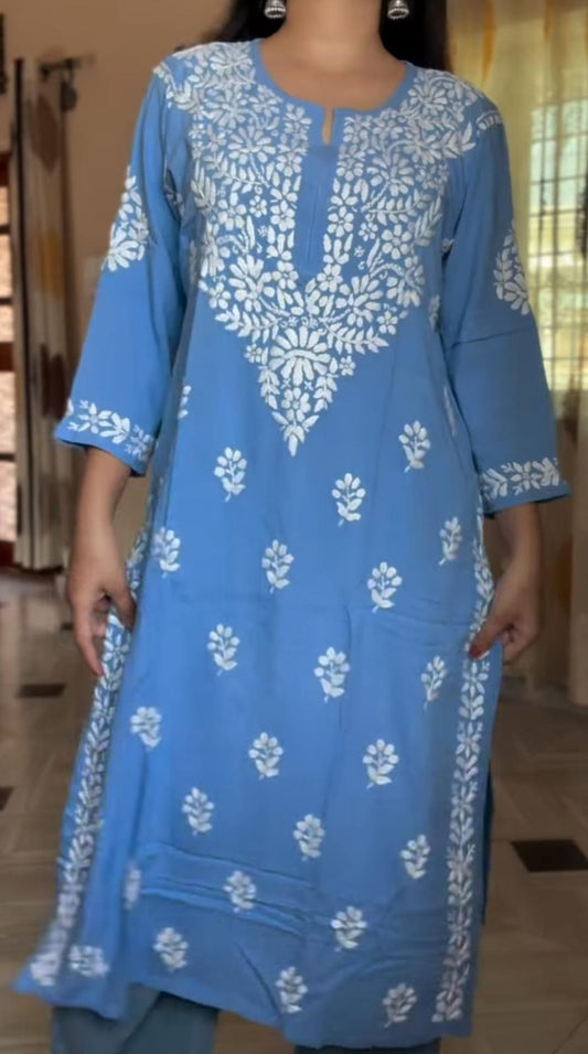 Maysa Soft Rayon Chikankari Kurti - Blue Colour