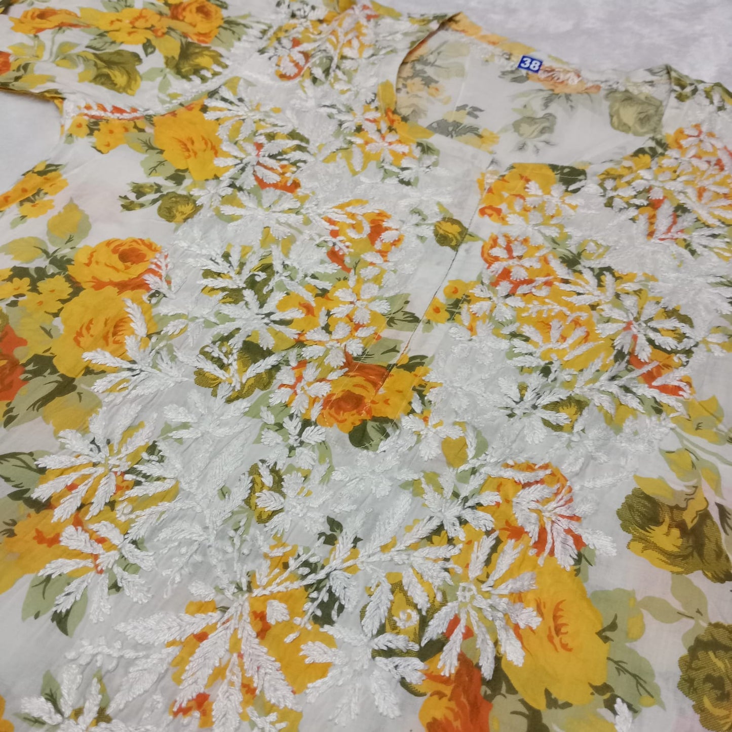 Aisha Mulmul Floral Printed Chikankari Handwork Kurti-  Yellow Colour