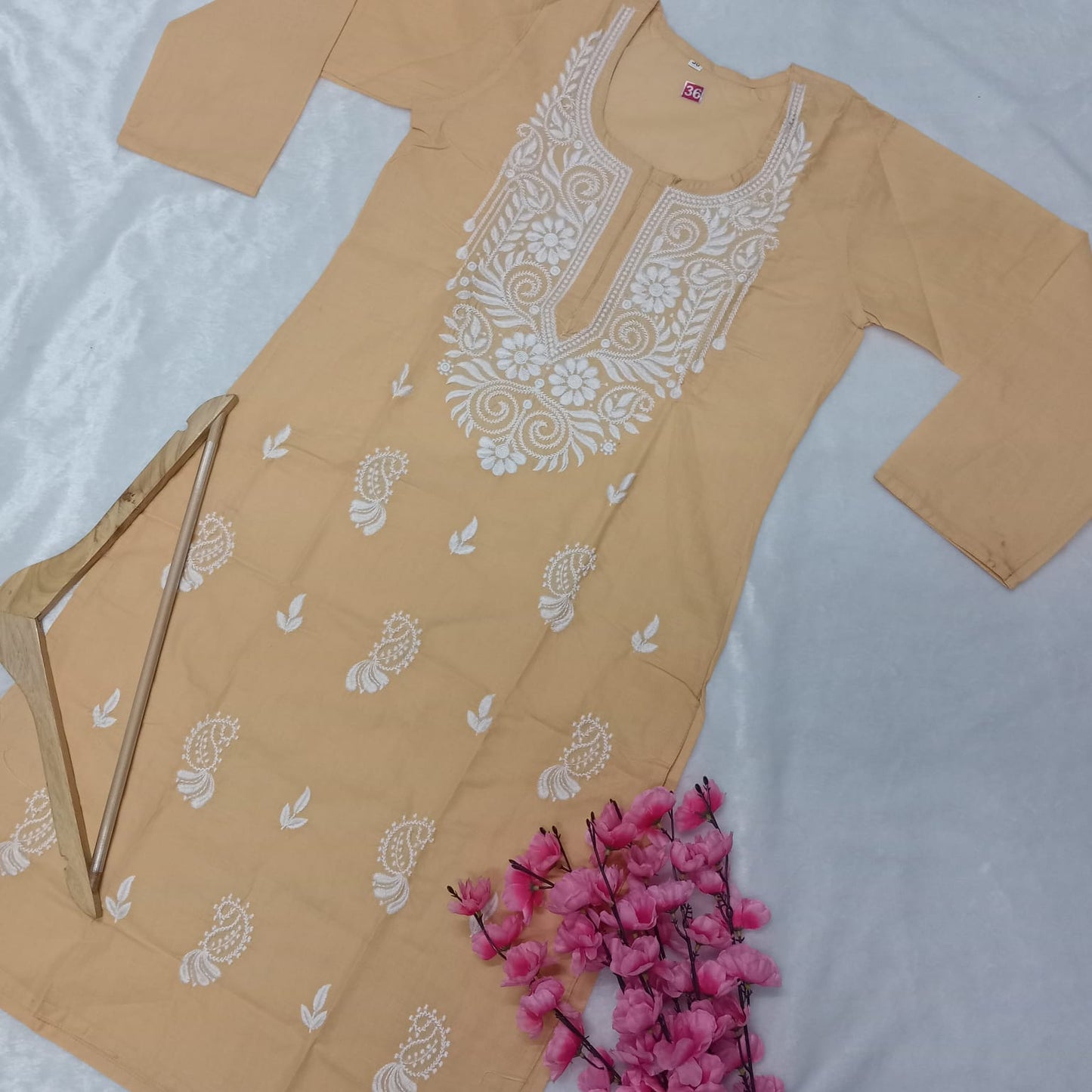 Cotton Machine Work Chikankari Kurti -Skin Colour