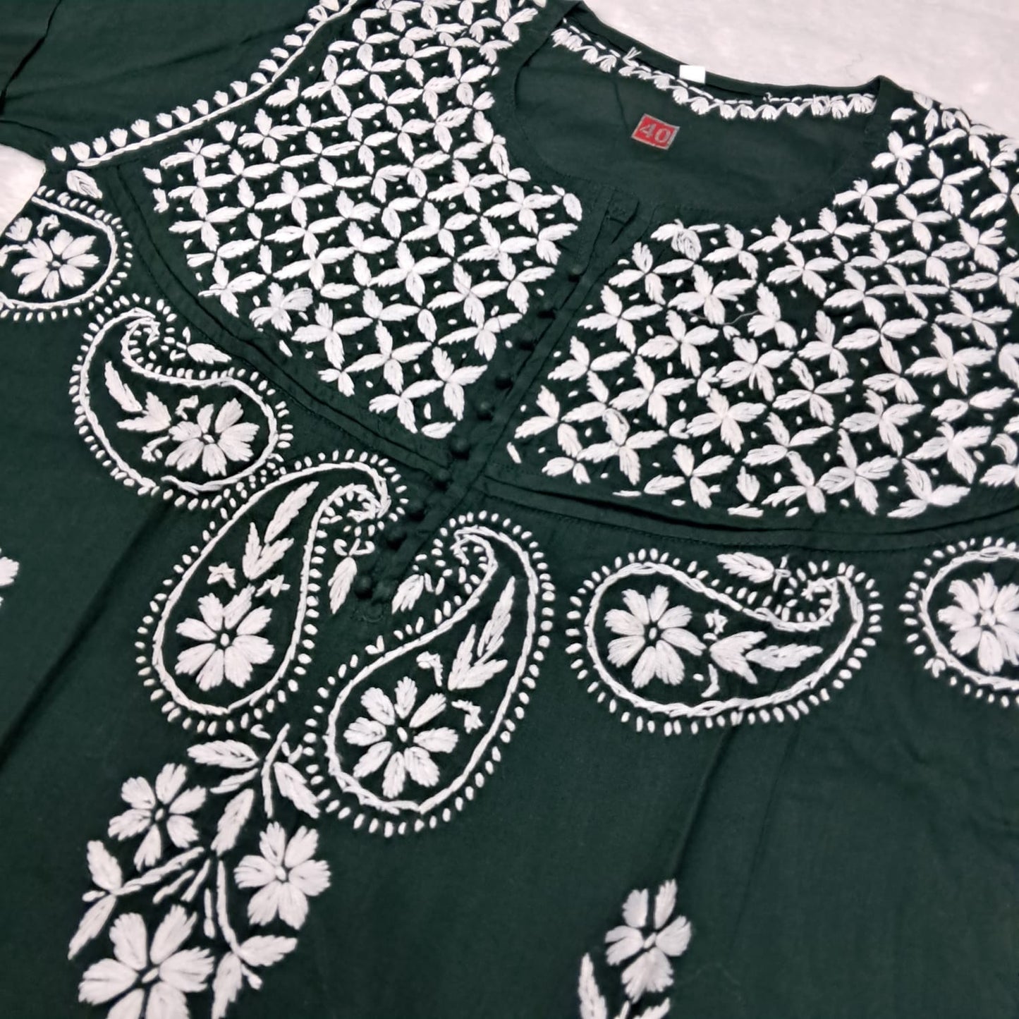 Adiva Pure Cotton Chikankari Handwork Kurti -Dark Green Colour