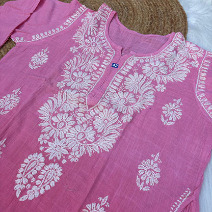 Isha Slub Cotton Chikankari Kurti - Peach color