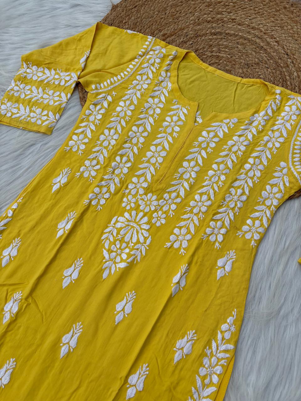 Zoobia Soft Rayon Handwork Chikankari Kurti - Yellow Colour