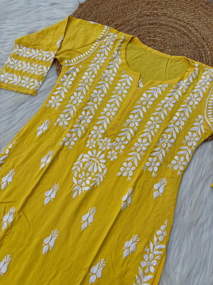 Zoobia Soft Rayon Handwork Chikankari Kurti - Yellow Colour