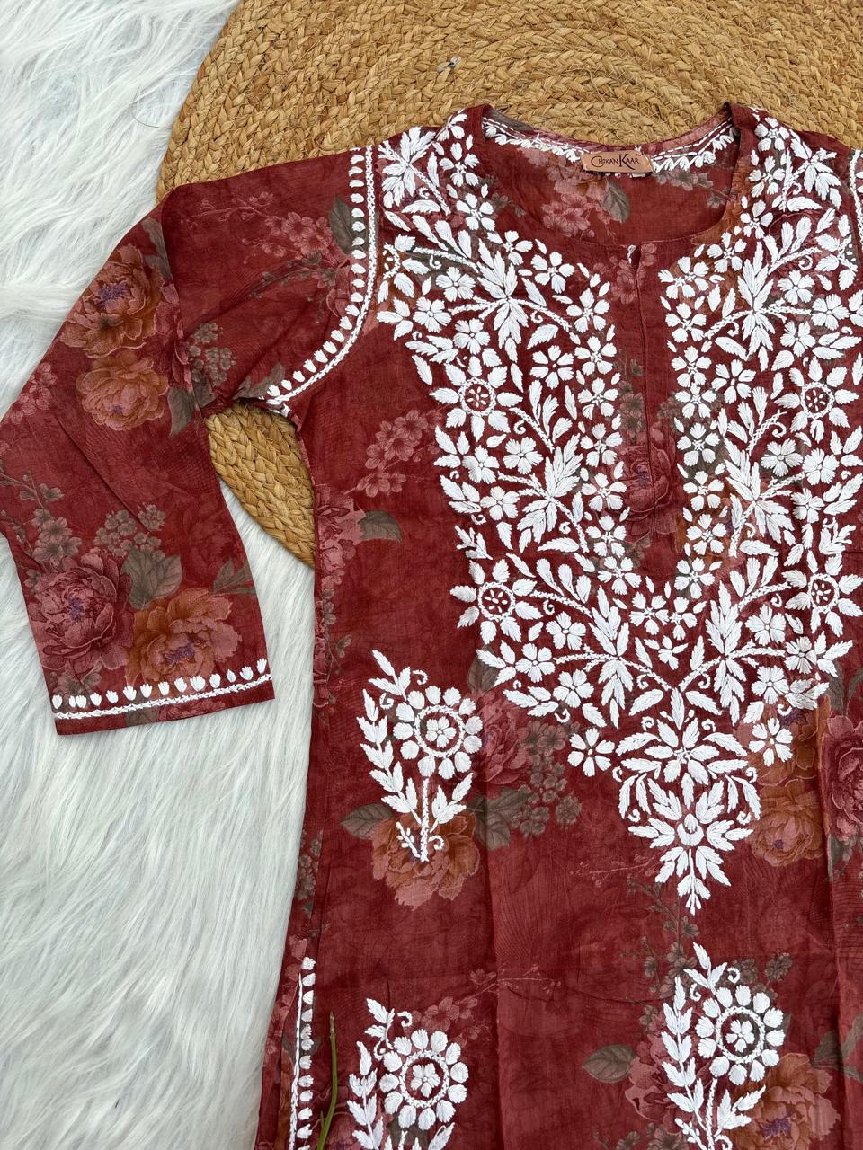 Zaina Pure Mulmul Chikankari Handwork Kurti - Brick Red Colour