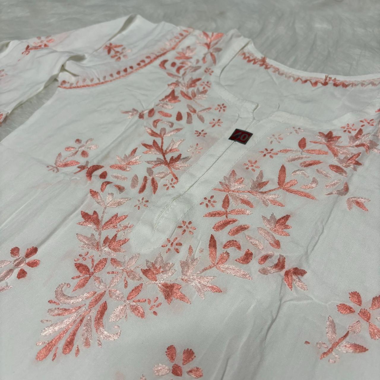 Aleena Rayon Chikankari Kurti Plazo Set - White Peach color