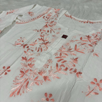 Aleena Rayon Chikankari Kurti Plazo Set - White Peach color