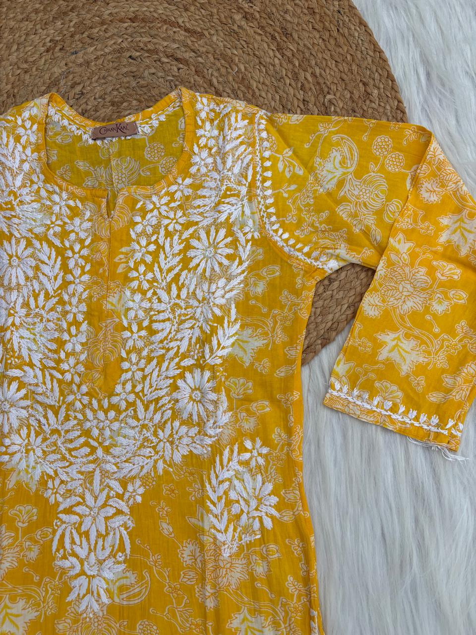 Sameera Pure Mulmul Chikankari Handwork Kurti - Yellow Colour