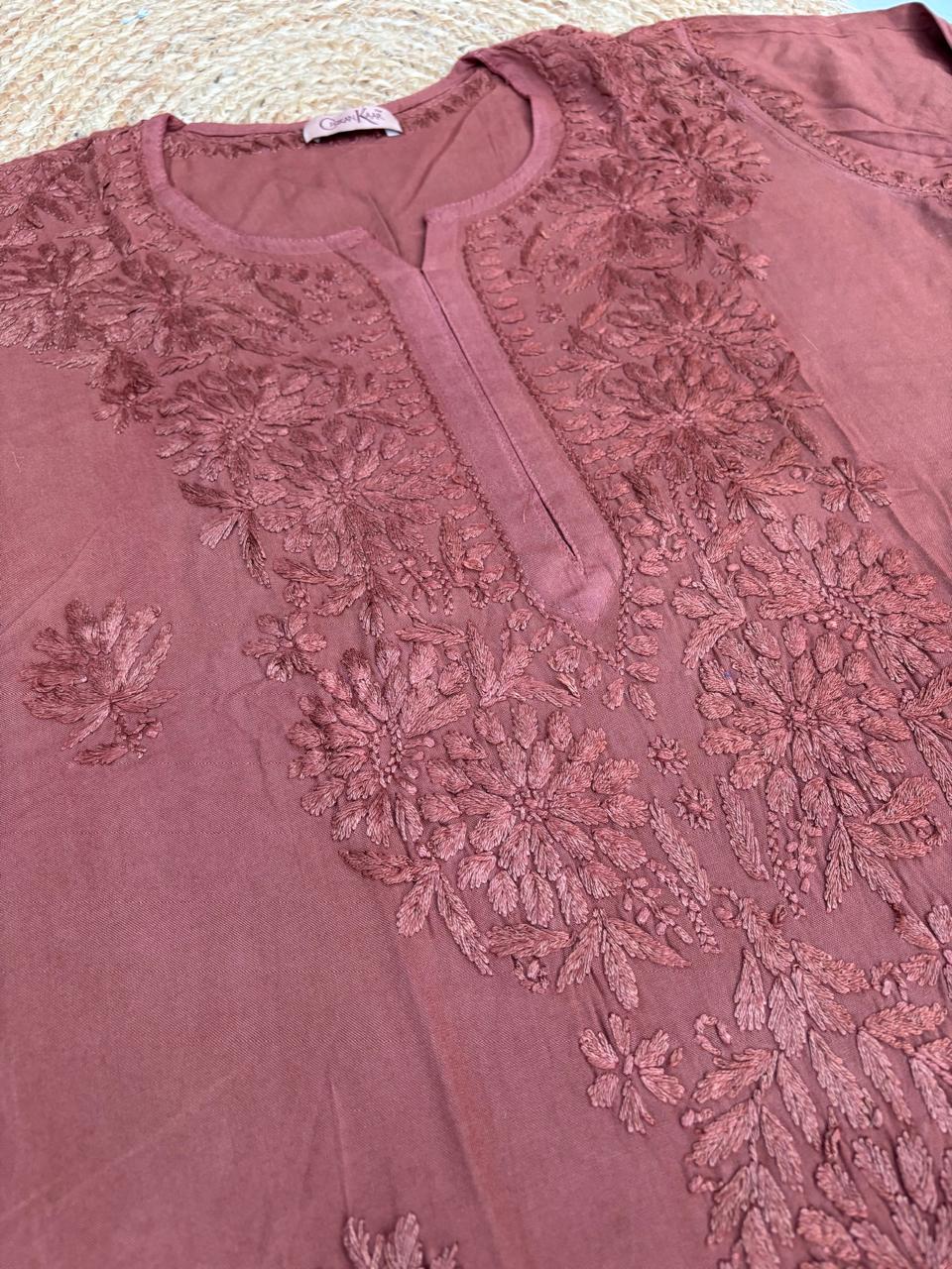 Rabab Dyeable Soft Rayon Handwork Chikankari Kurti - Brown Colour