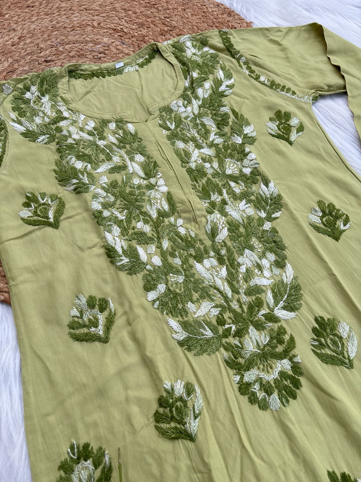 Roohi Rayon Tone To Tone Lucknowi Handwork Chikankari Kurti - Green Color