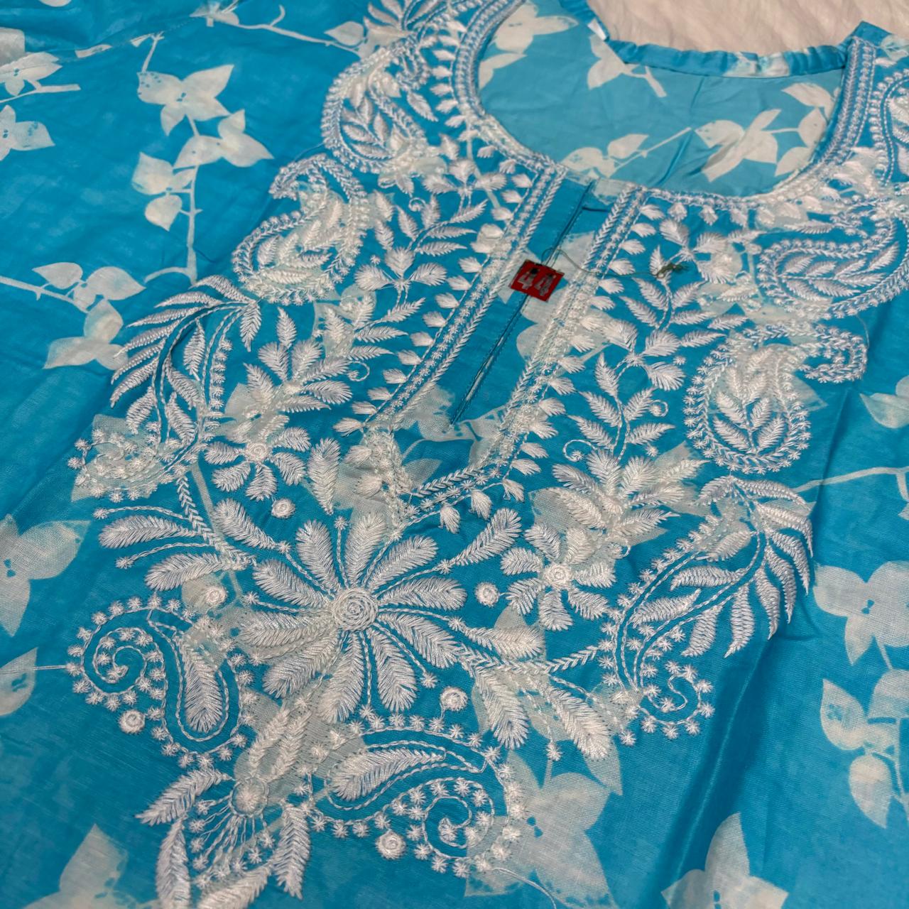 Mulmul Cotton Chikankari Machine Work Kurti -Sky Blue Colour