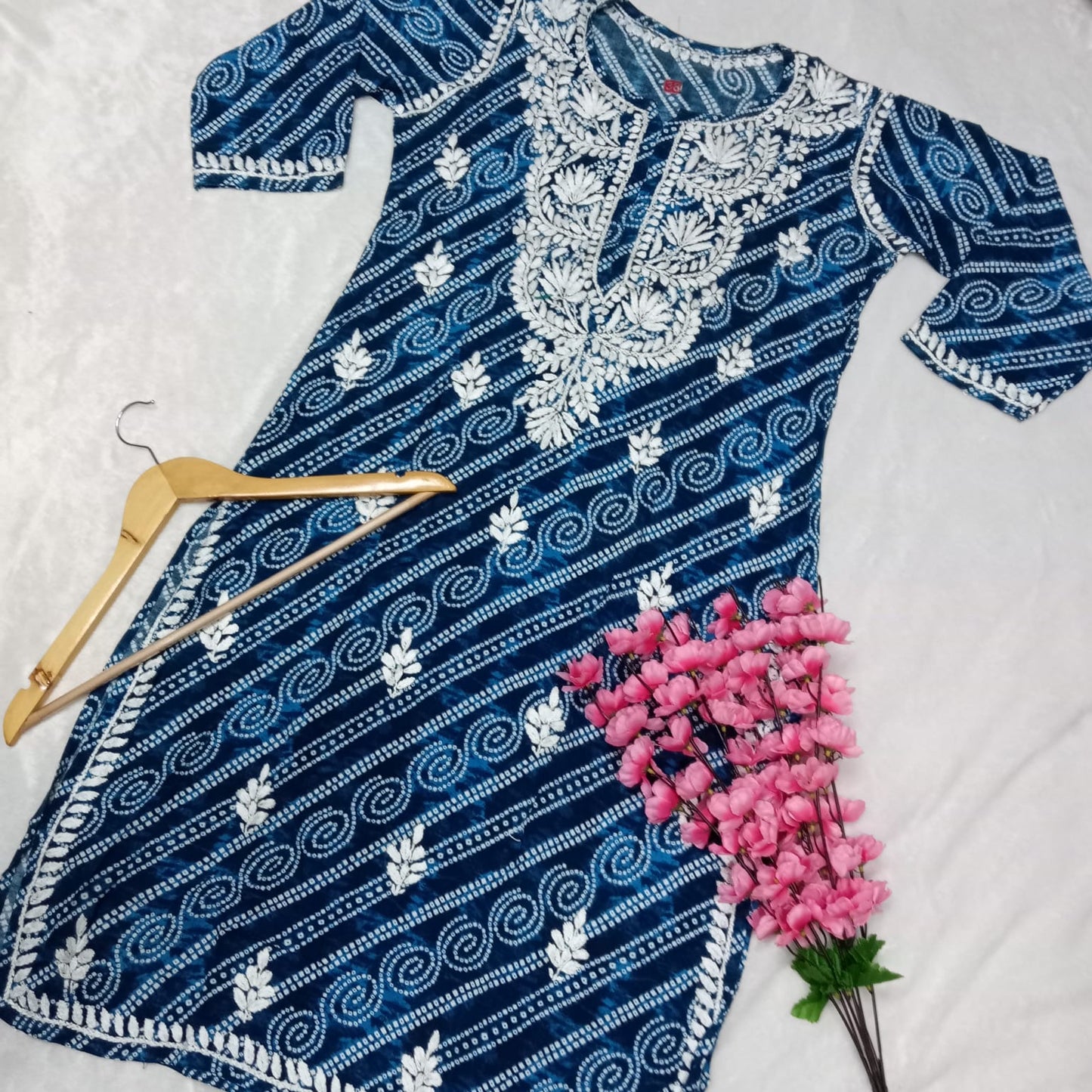 Falak Bandhani Print Rayon Chikankari Kurti Blue Colour