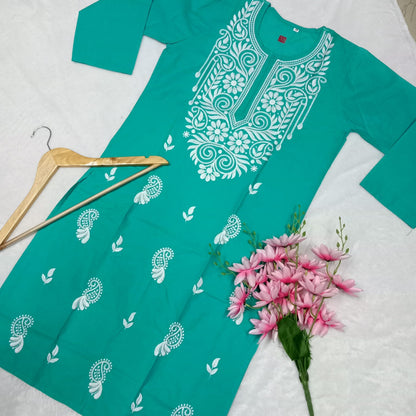 Cotton Machine Work Chikankari Kurti -  Sea Green Colour