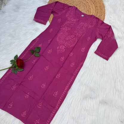 Vani Dobby Cotton Chikankari Kurti - Light Wine Colour