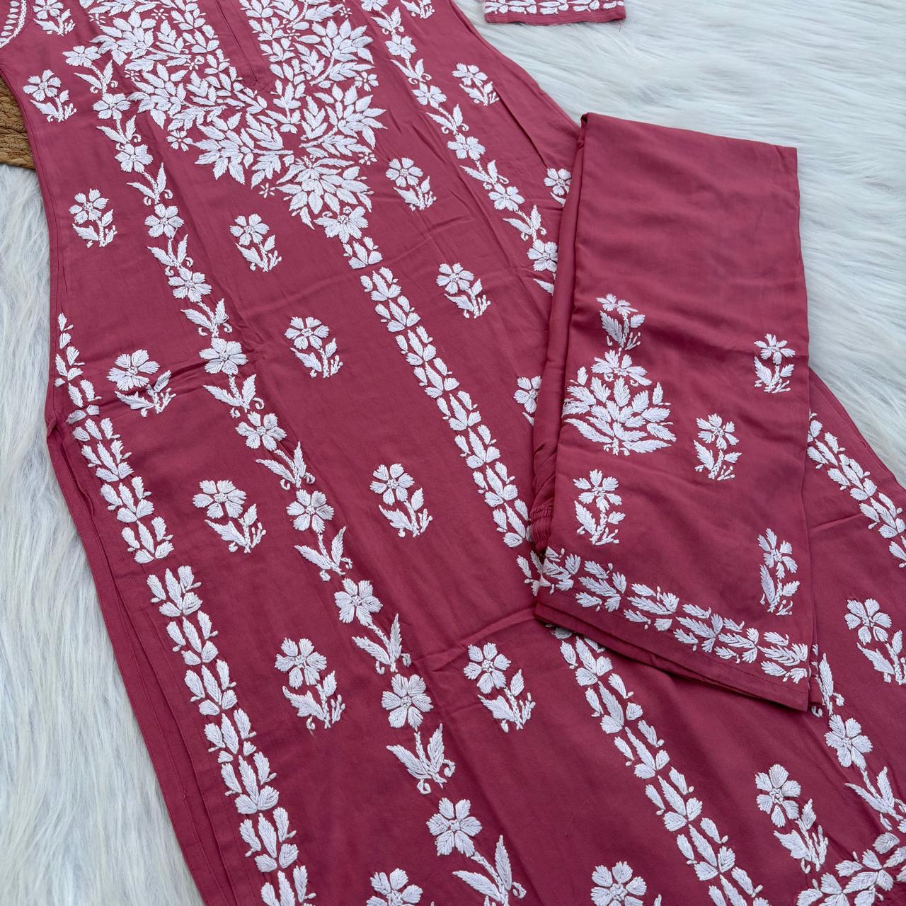 Samara Rayon Handwork Chikankari Kurti Plazo Set - Gazri Colour