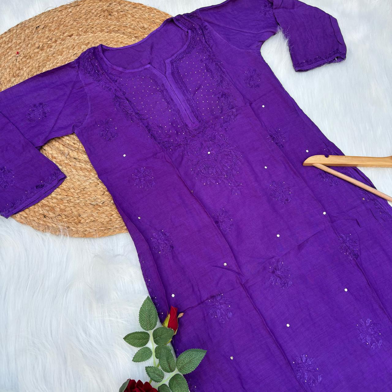 Rakul Preet Inspired Chikankari Muslin Kurti with Mukaish Work - Violet Colour